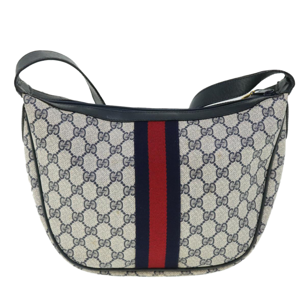 GUCCI GG Canvas Sherry Line Shoulder Bag PVC Leather Gray Navy Red Auth fm2737 - 0