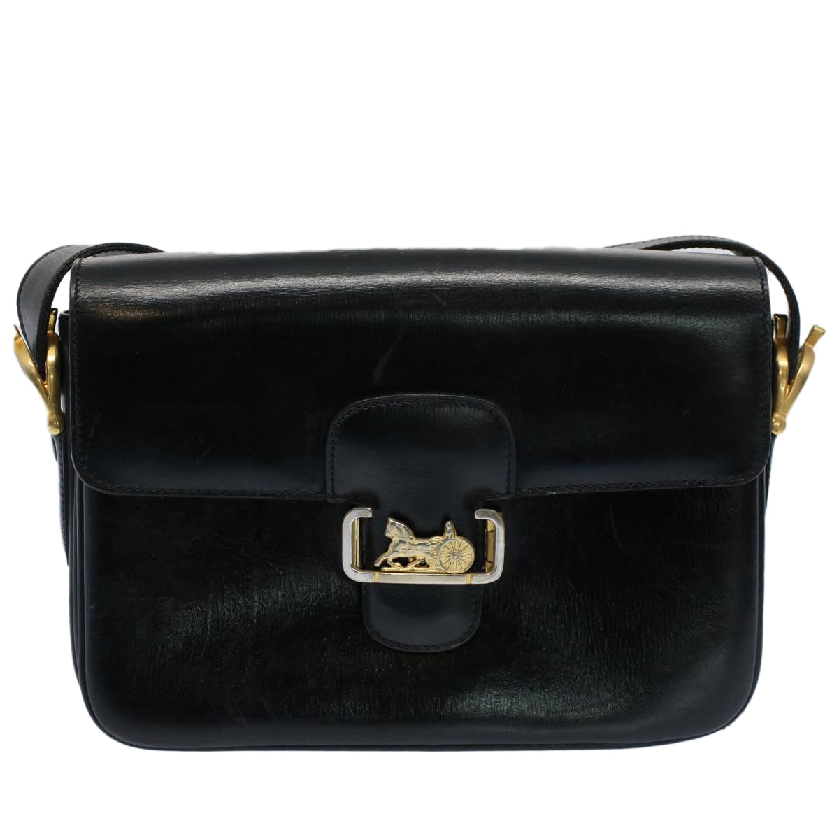 CELINE Horse Carriage Shoulder Bag Leather Black Auth fm2800