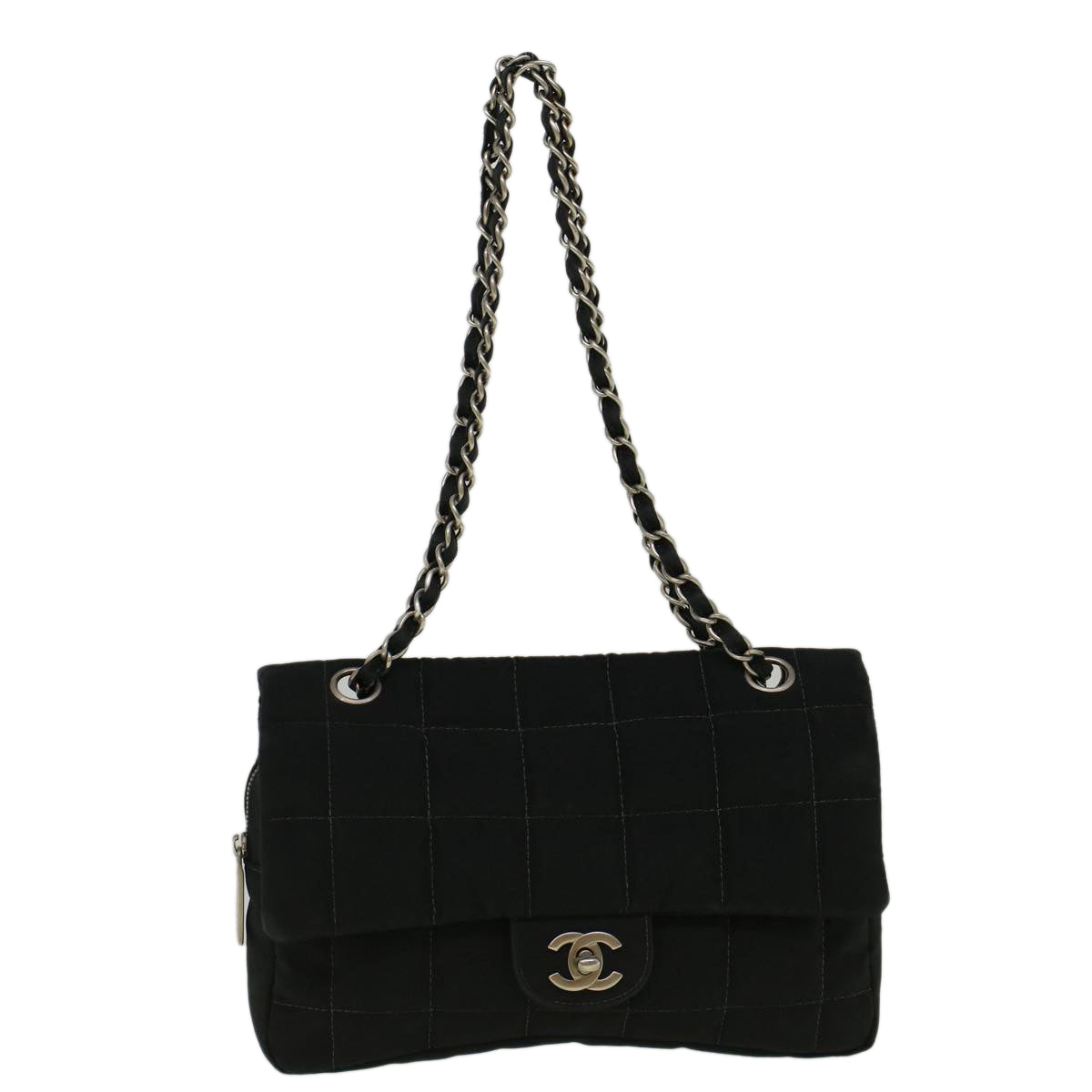 CHANEL Choco Bar Turn Lock Chain Shoulder Bag Nylon Black CC Auth fm2972