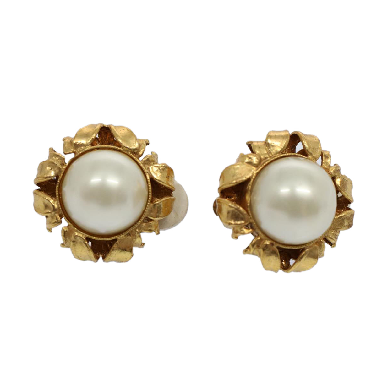 CHANEL Pearl Earring Gold Tone CC Auth fm2978 - 0
