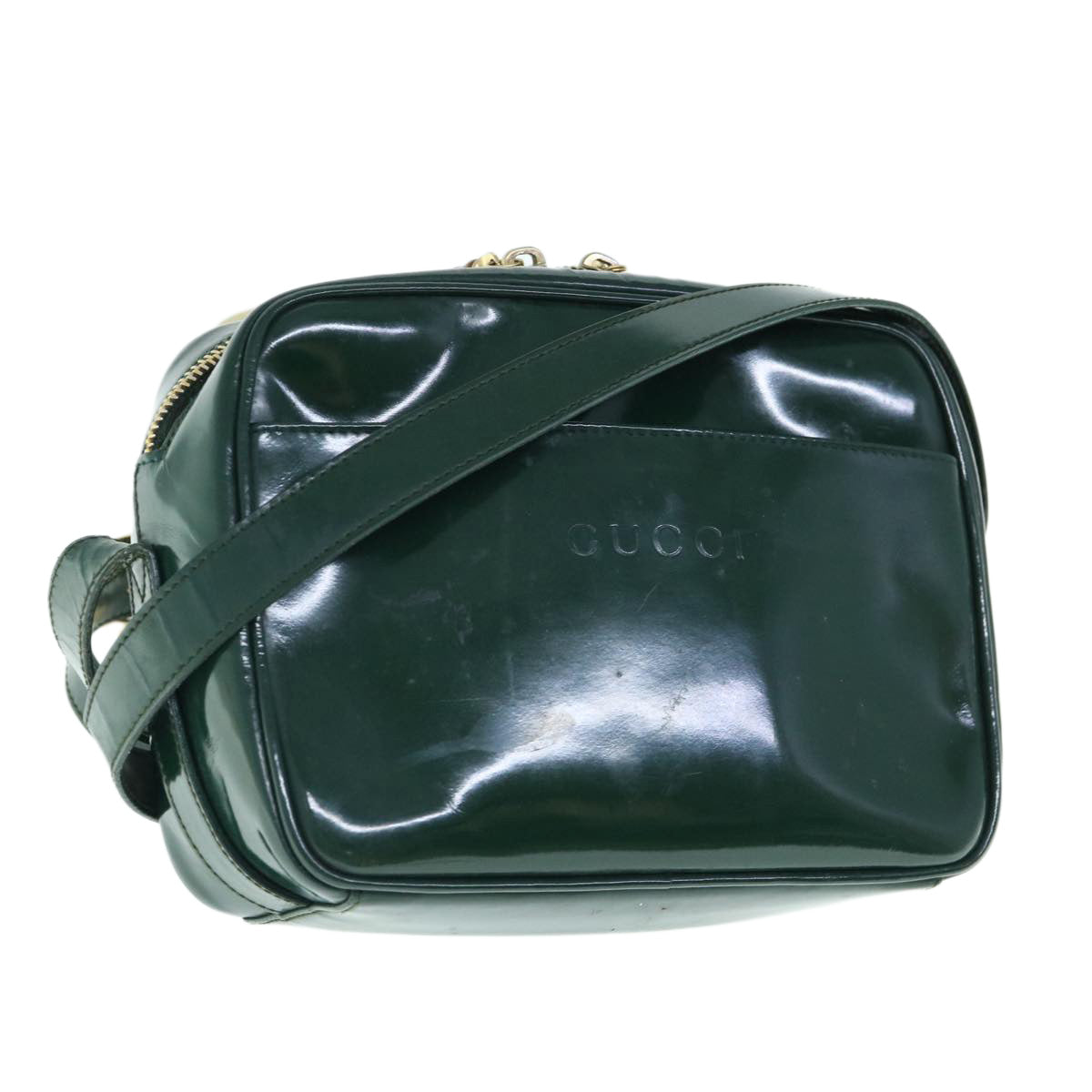 GUCCI Bamboo Shoulder Bag Patent leather Green 001 1705 1668 Auth fm2999