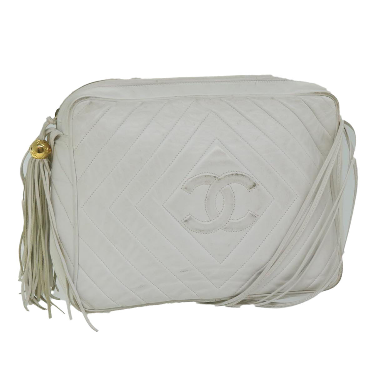 CHANEL Quilted Fringe Shoulder Bag Lamb Skin White Lamb Skin CC Auth fm3044