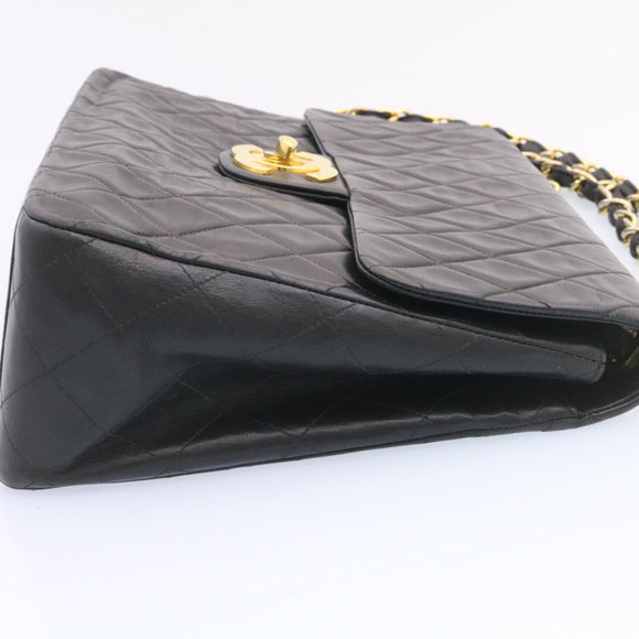CHANEL Big Matelasse Flap Chain Shoulder Bag Lamb Skin Black Gold Auth am1276gA