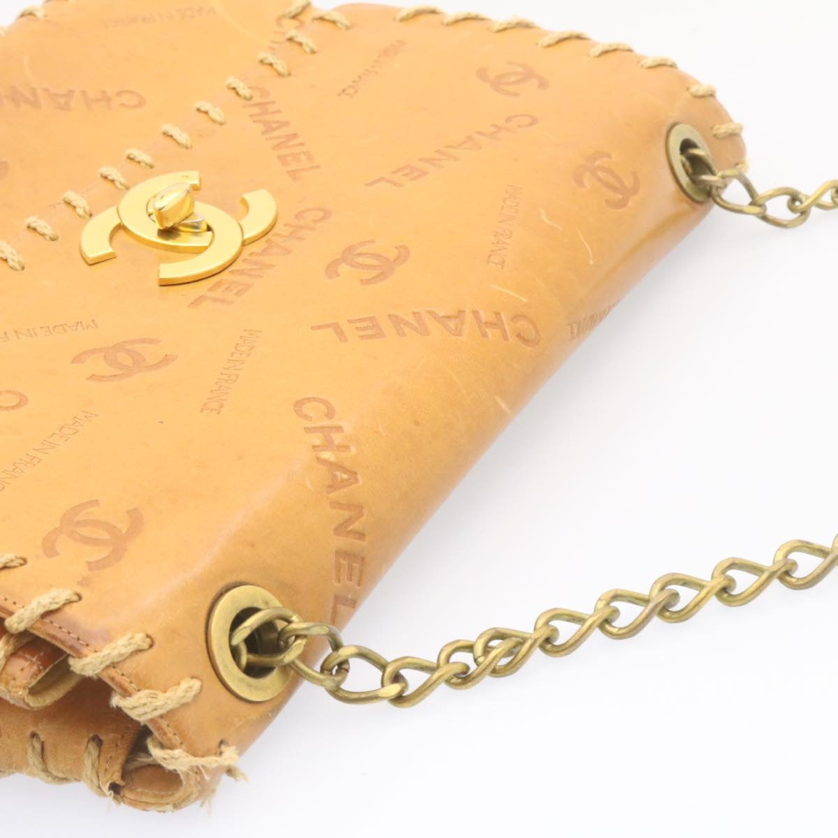 CHANEL Raffia Chain Flap Shoulder Bag Leather Beige CC Auth am1414gA