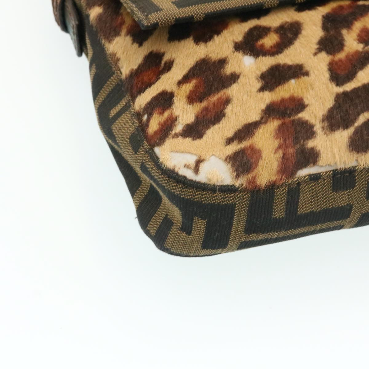 FENDI Zucca Canvas Leopard Mamma Baguette Shoulder Bag Brown Black Auth am1632gA