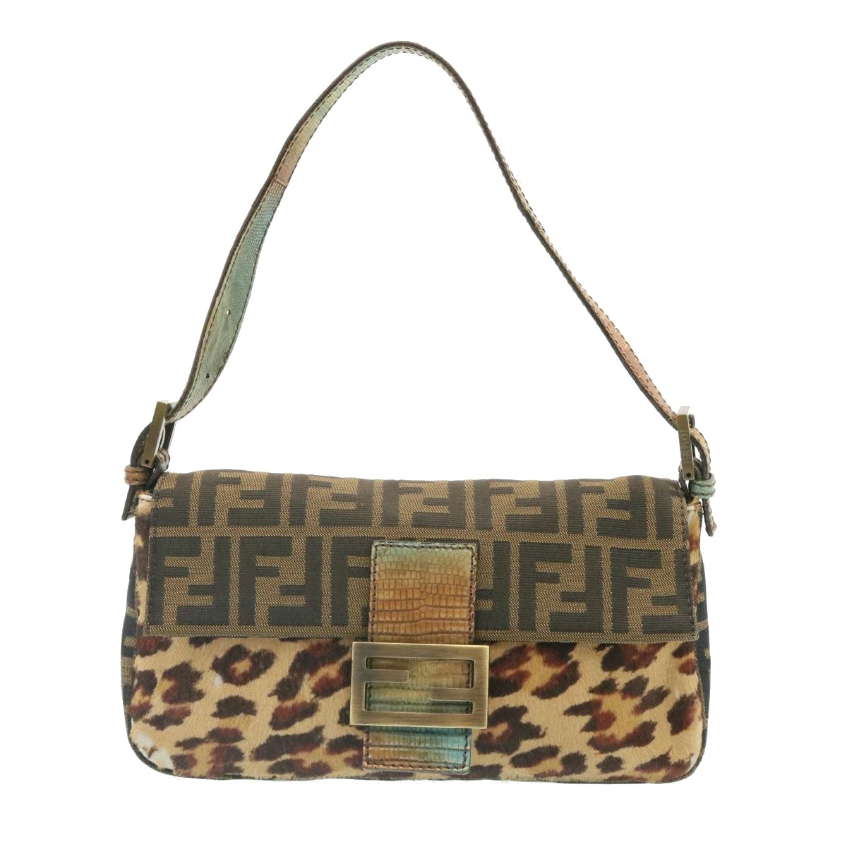 FENDI Zucca Canvas Leopard Mamma Baguette Shoulder Bag Brown Black Auth am1632gA