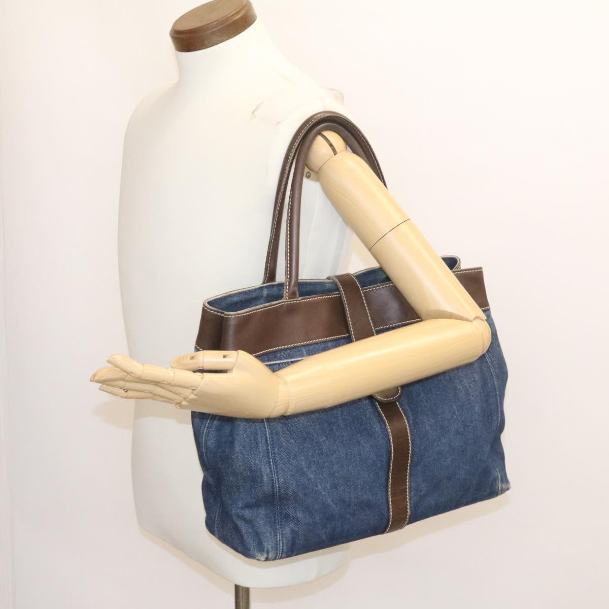 CHANEL Tote Bag Denim Canvas Blue Brown CC Auth am1770gA