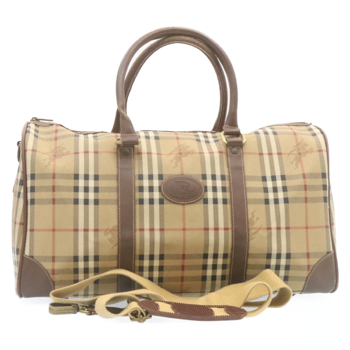 BURBERRY Nova Check Boston Bag PVC Leather 2way Shoulder Bag Beige Auth am1979g