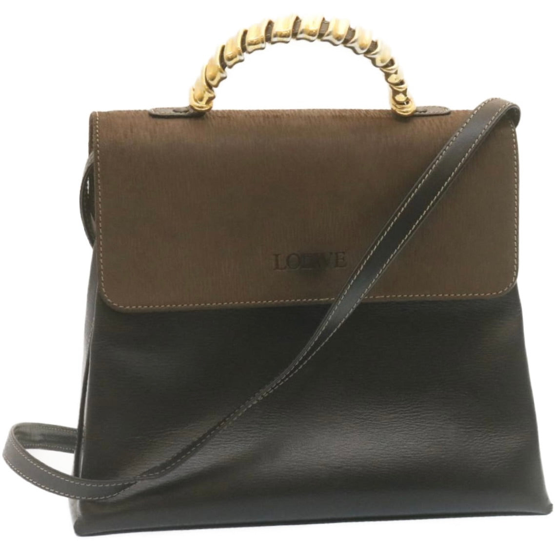 LOEWE Twist handle Velazquez Hand Bag Leather 2way Black Brown Auth am2237g