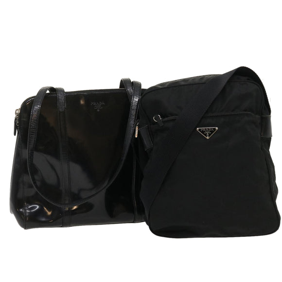 PRADA Shoulder Bag Enamel nylon 2Set Black Auth am2339g