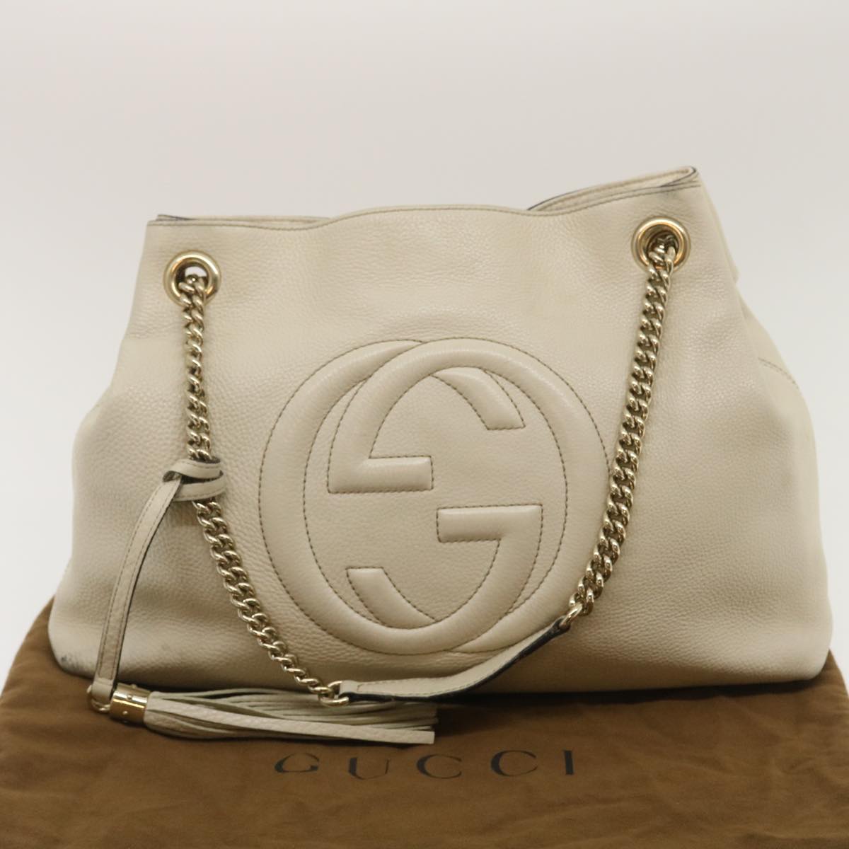 GUCCI Interlocking Chain Tote Bag Leather White Auth am2354g