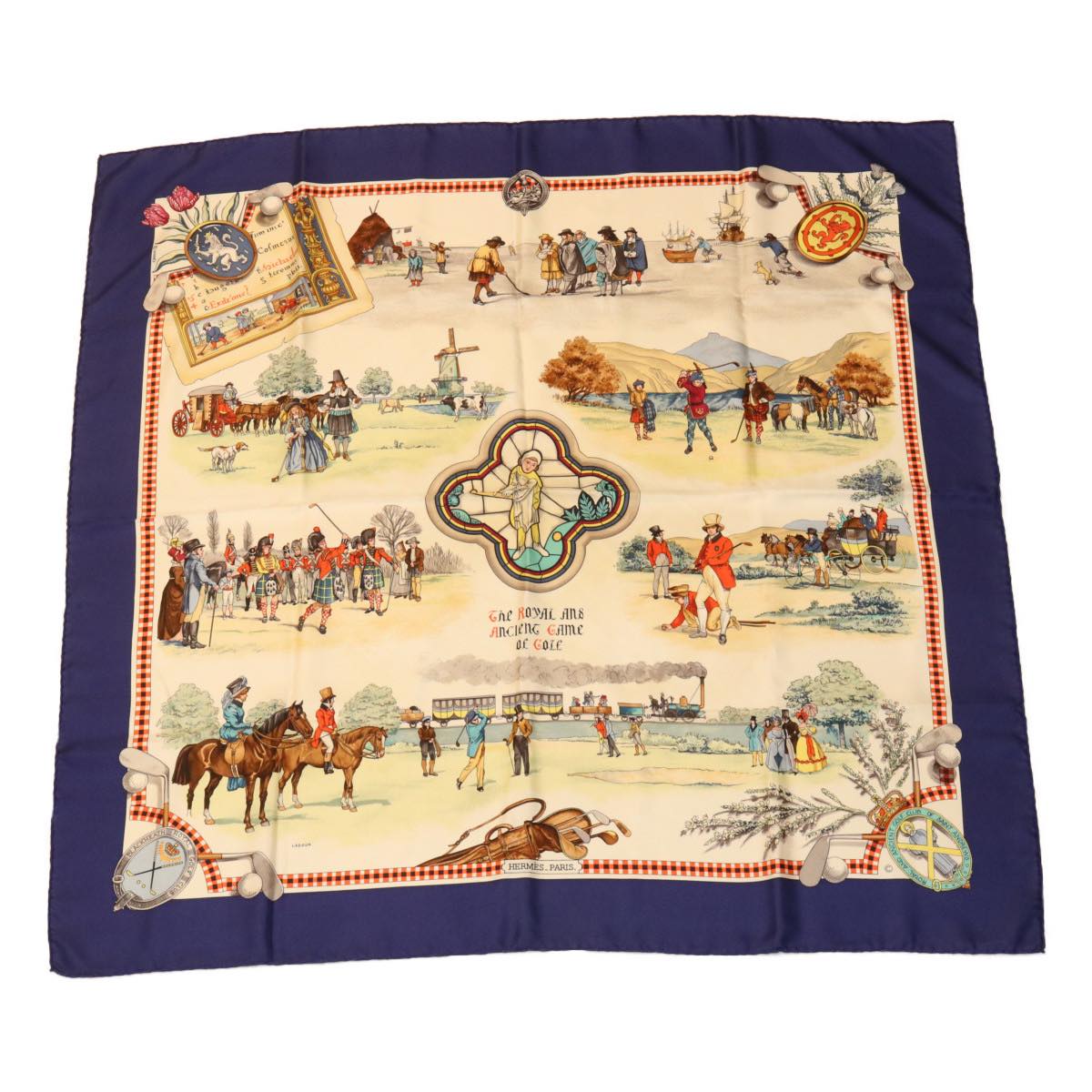 HERMES Carre 90 Scarf ""The ROYAL ANS ANCIENT GAME Of GOLF"" Silk Blue am2543g