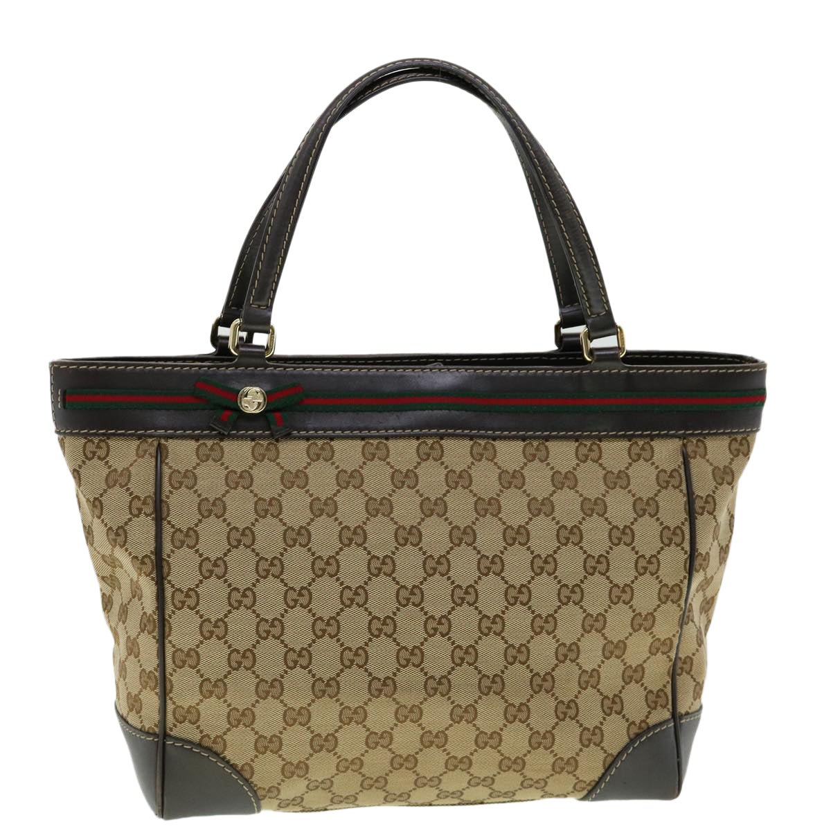 GUCCI Web Sherry Line GG Canvas Tote Bag Beige Green Red Auth am2786g
