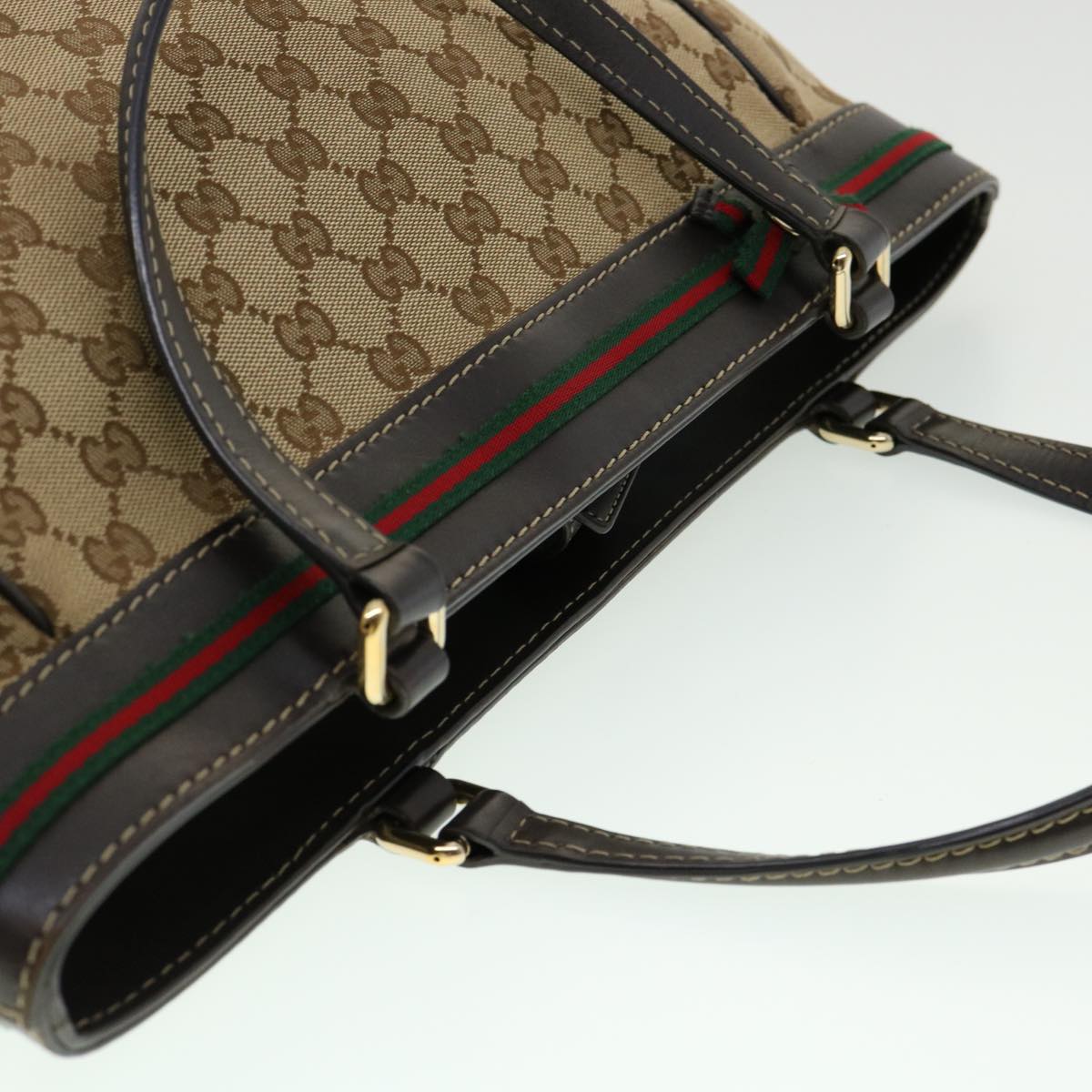 GUCCI Web Sherry Line GG Canvas Tote Bag Beige Green Red Auth am2786g