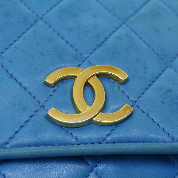 CHANEL Hand Bag Lamb Skin Blue CC Auth hk455A