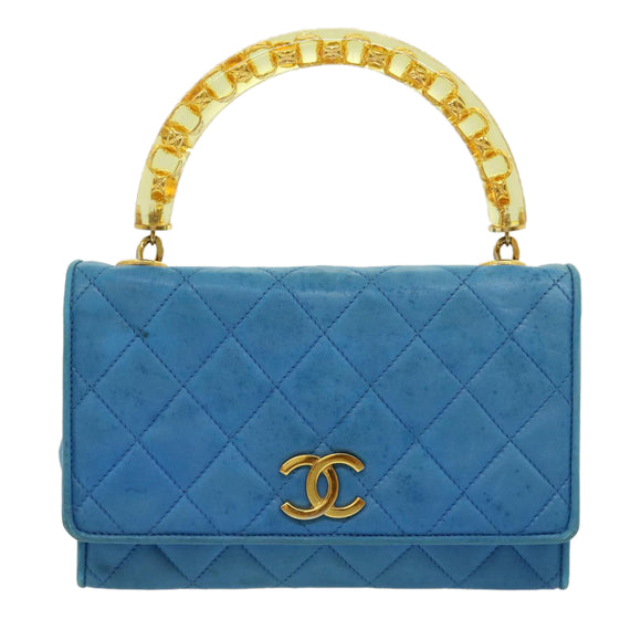 CHANEL Hand Bag Lamb Skin Blue CC Auth hk455A
