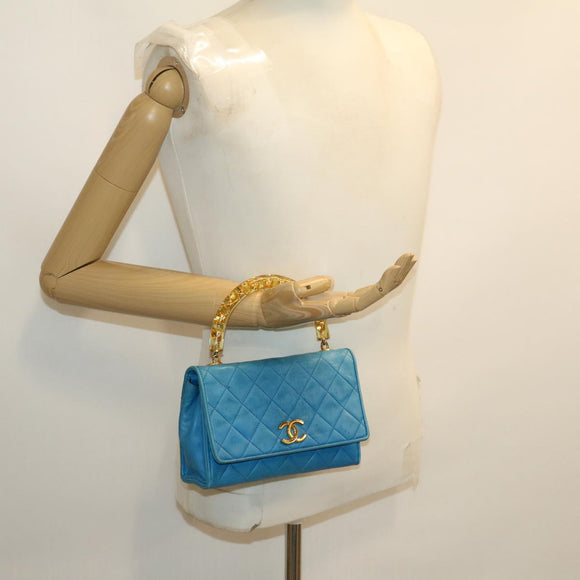 CHANEL Hand Bag Lamb Skin Blue CC Auth hk455A