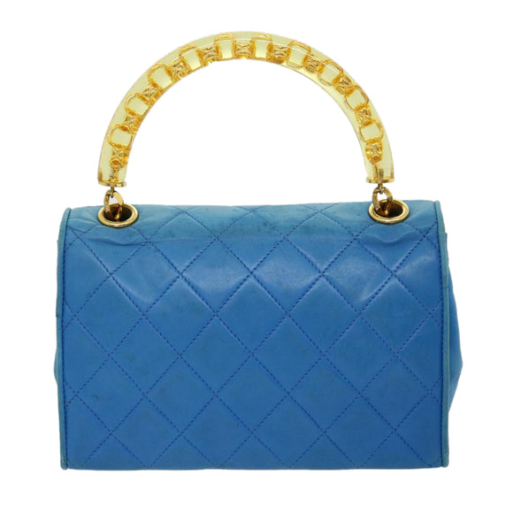 CHANEL Hand Bag Lamb Skin Blue CC Auth hk455A