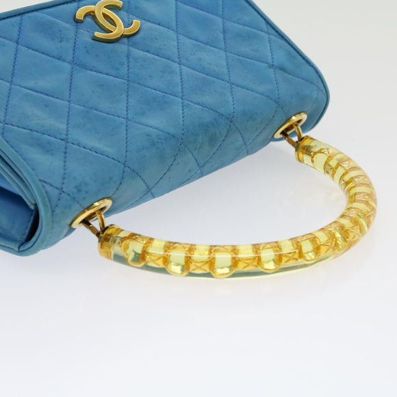 CHANEL Hand Bag Lamb Skin Blue CC Auth hk455A