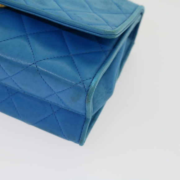 CHANEL Hand Bag Lamb Skin Blue CC Auth hk455A