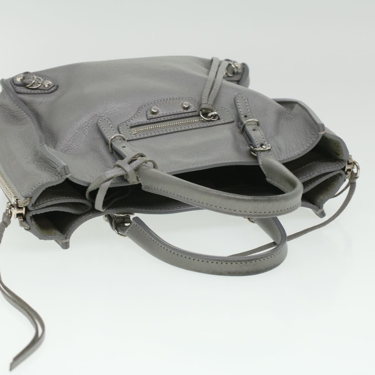 BALENCIAGA Paper Mini Hand Bag Leather 2way Silver Auth hk558