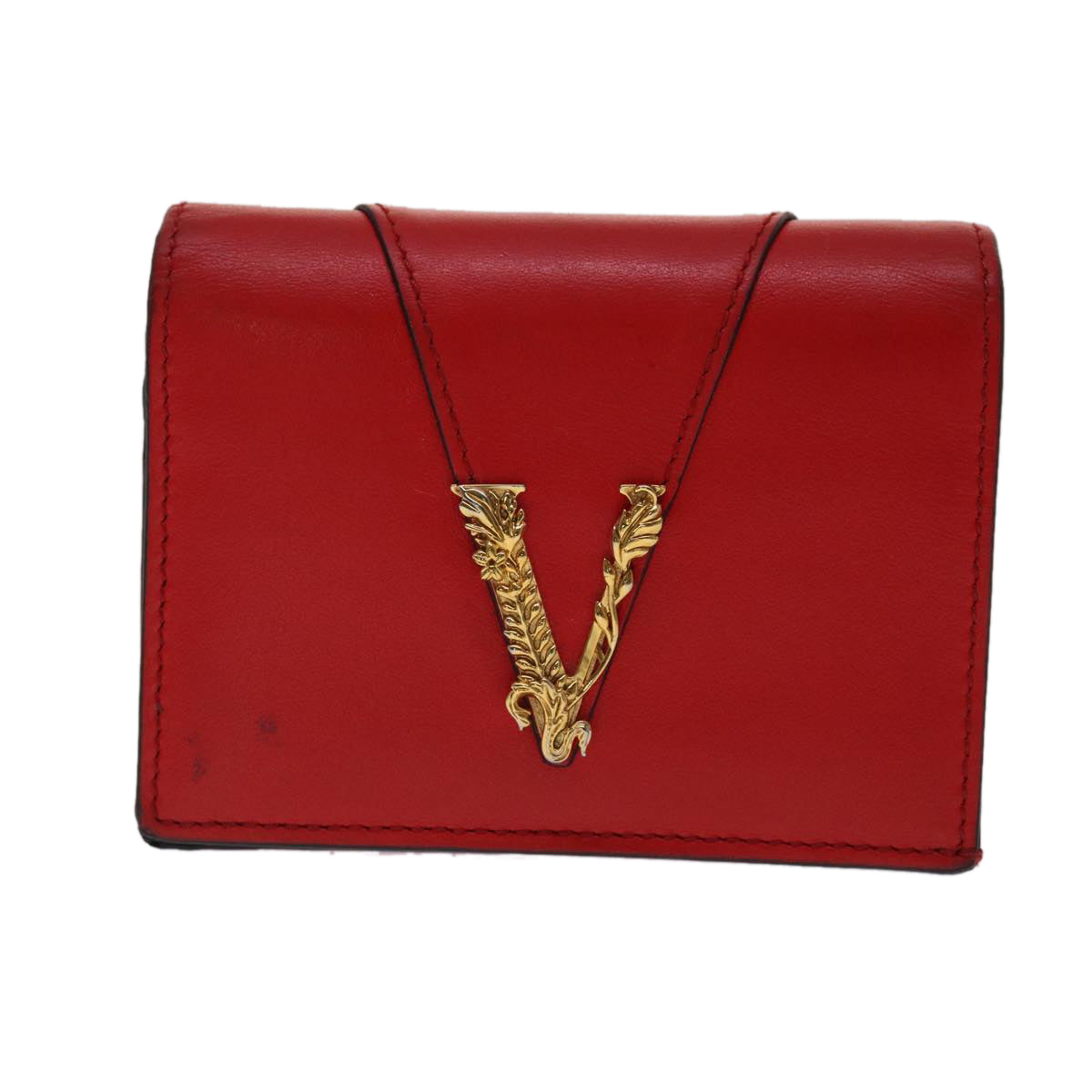 VERSACE Virtus Compact Wallet Leather Red Gold Tone Auth hk797