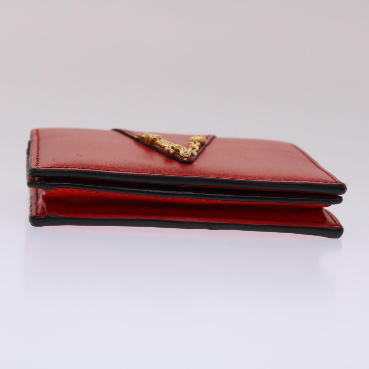 VERSACE Virtus Compact Wallet Leather Red Gold Tone Auth hk797