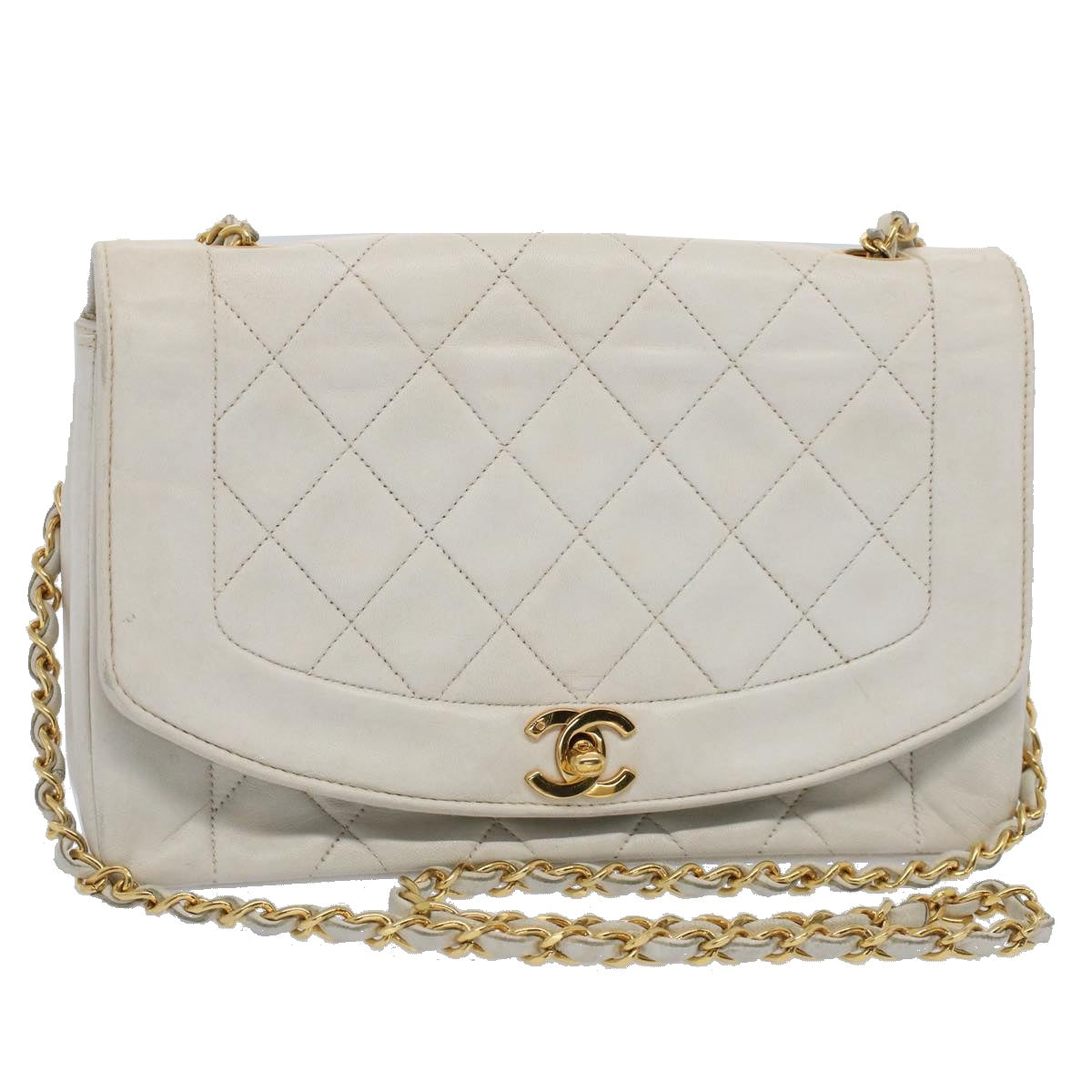 CHANEL Diana Matelasse Shoulder Bag Lamb Skin White CC Auth hk802