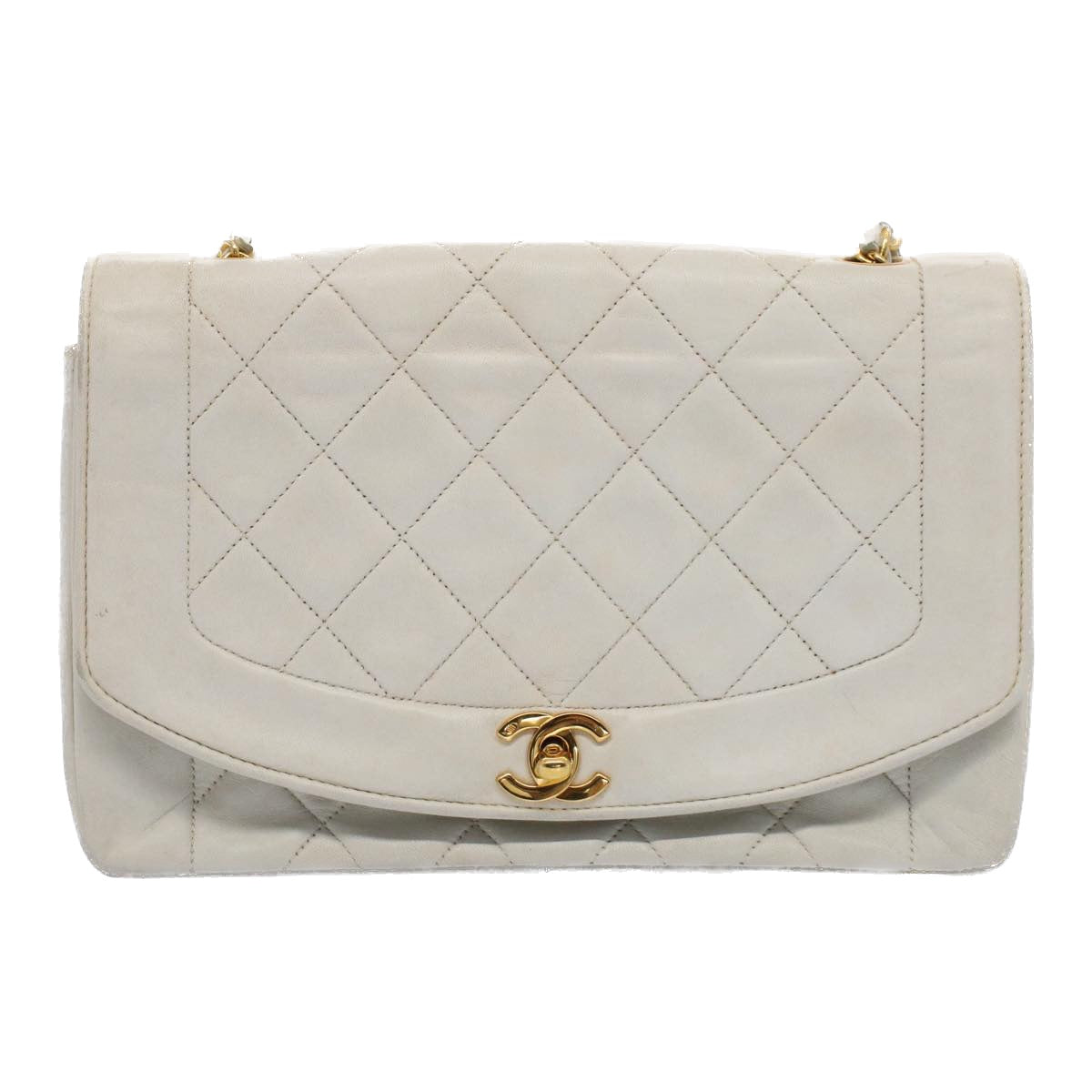 CHANEL Diana Matelasse Shoulder Bag Lamb Skin White CC Auth hk802