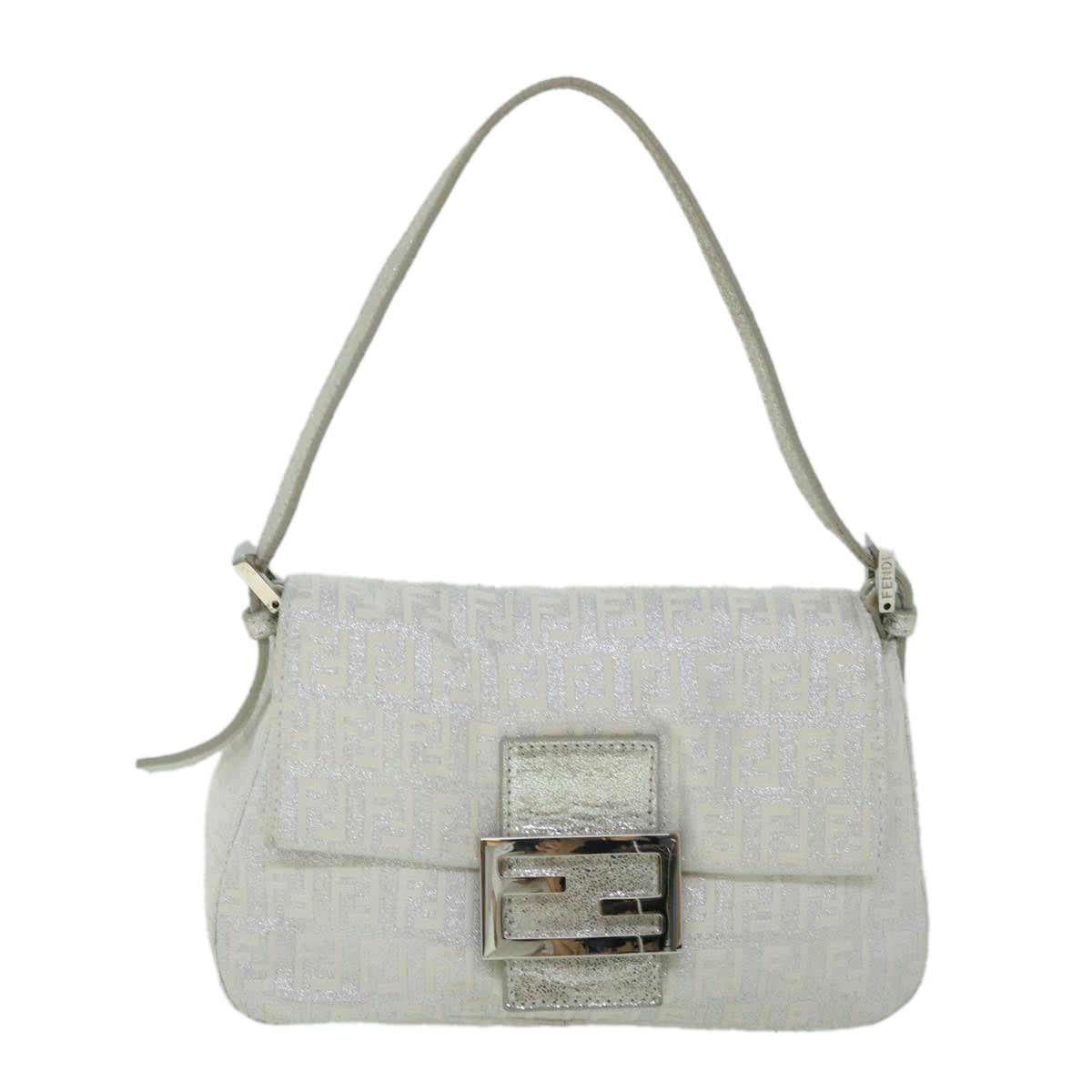 FENDI Zucchino Canvas Mamma Baguette Shoulder Bag Silver Auth hk852