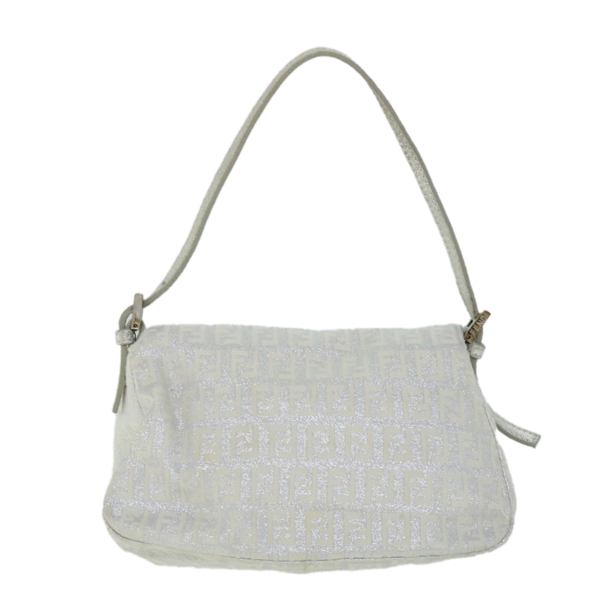 FENDI Zucchino Canvas Mamma Baguette Shoulder Bag Silver Auth hk852 - 0
