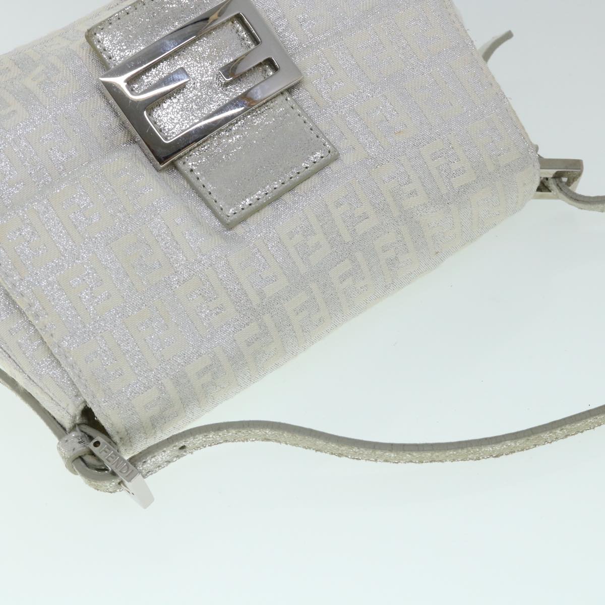 FENDI Zucchino Canvas Mamma Baguette Shoulder Bag Silver Auth hk852