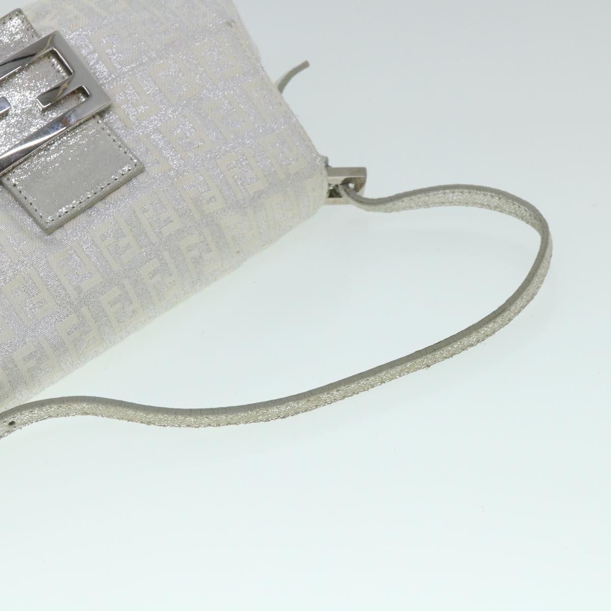 FENDI Zucchino Canvas Mamma Baguette Shoulder Bag Silver Auth hk852