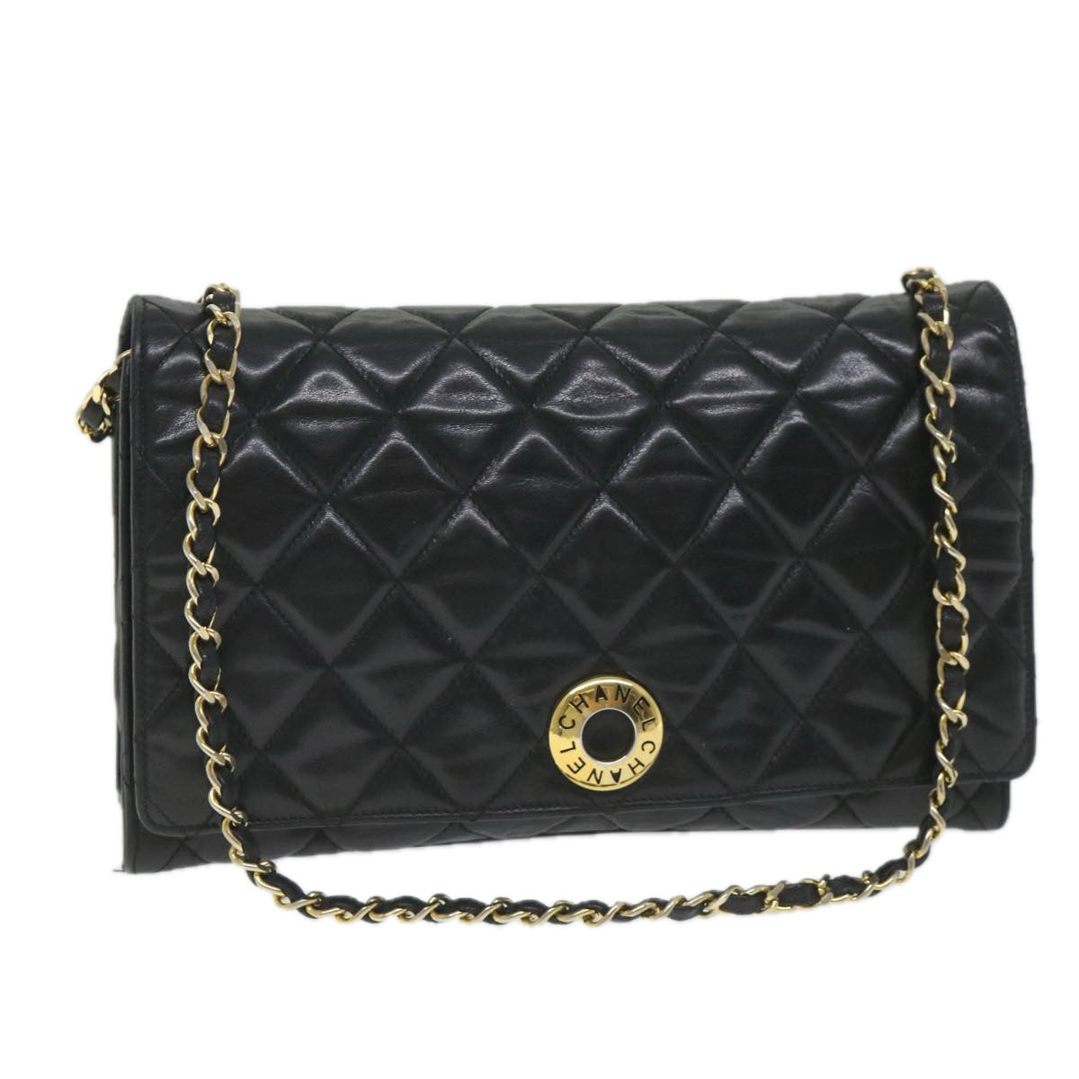 CHANEL Matelasse Chain Shoulder Bag Lamb Skin Black CC Auth hk876