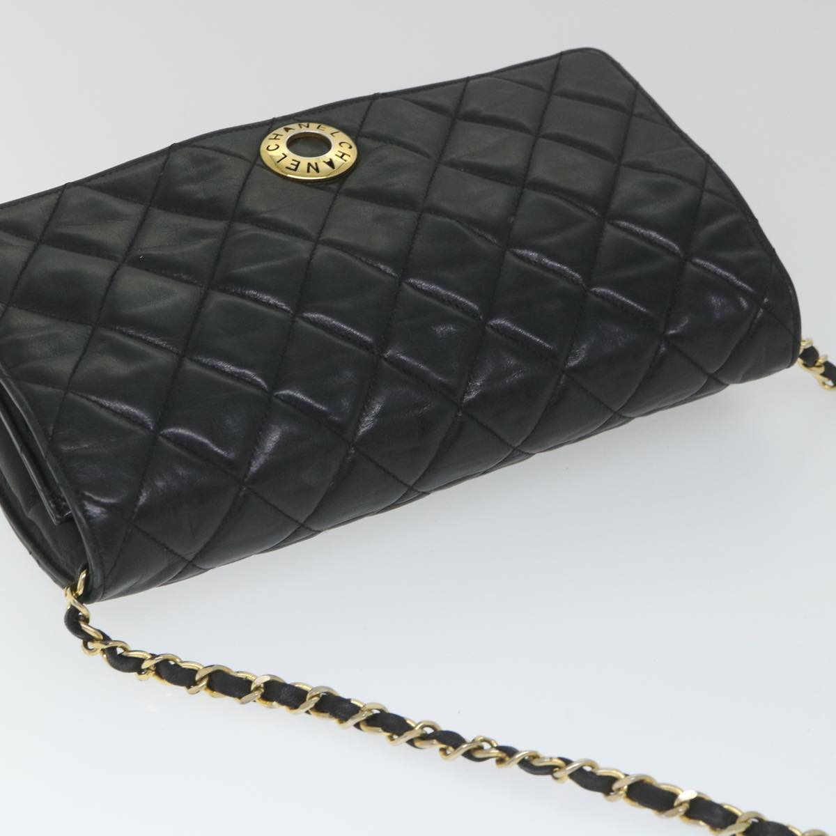 CHANEL Matelasse Chain Shoulder Bag Lamb Skin Black CC Auth hk876