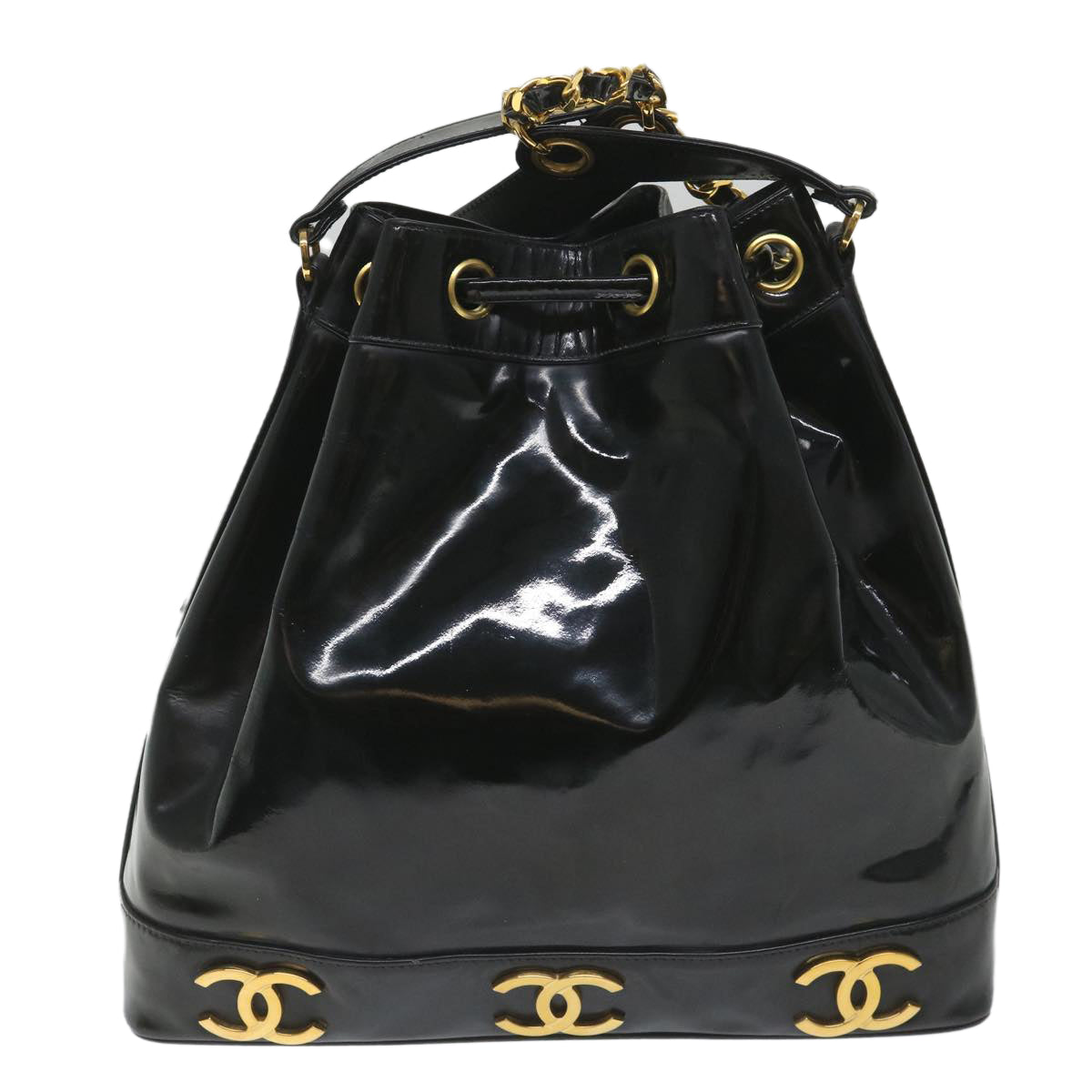 CHANEL Shoulder Bag Patent leather Black CC Auth hk899