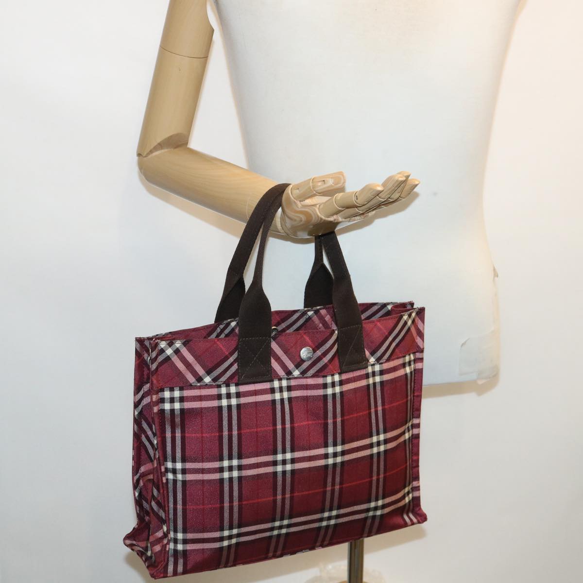 BURBERRY Nova Check Hand Bag Nylon Wine Red Black white Auth hs1671