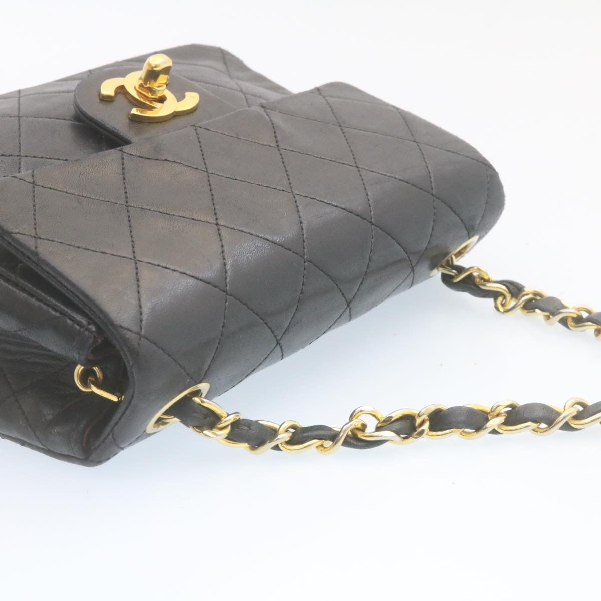 CHANEL Mini Matelasse Chain Flap Shoulder Bag Lamb Skin Black Gold Auth hs648A