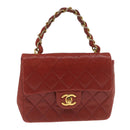 CHANEL Mini Matelasse Chain Flap Hand Bag Lamb Skin  Red Gold CC Auth hs688A-1
