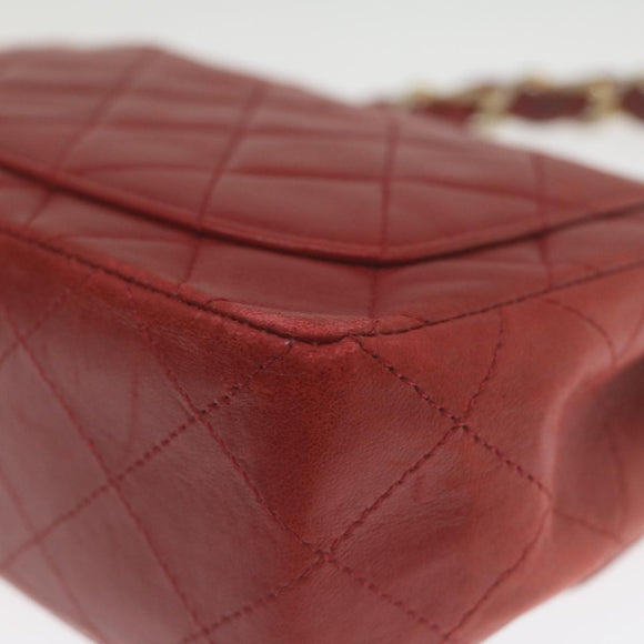 CHANEL Mini Matelasse Chain Flap Hand Bag Lamb Skin  Red Gold CC Auth hs688A