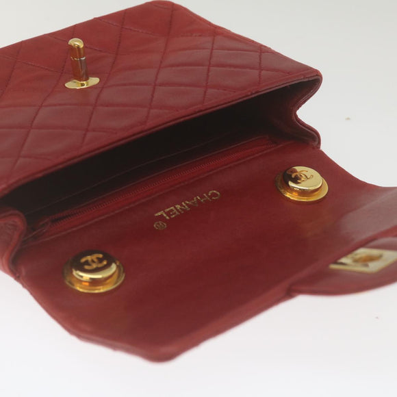 CHANEL Mini Matelasse Chain Flap Hand Bag Lamb Skin  Red Gold CC Auth hs688A