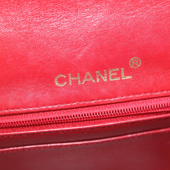 CHANEL Mini Matelasse Chain Flap Hand Bag Lamb Skin  Red Gold CC Auth hs688A