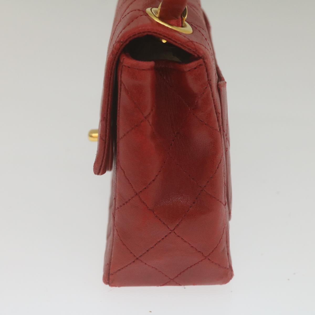 CHANEL Mini Matelasse Chain Flap Hand Bag Lamb Skin  Red Gold CC Auth hs688A