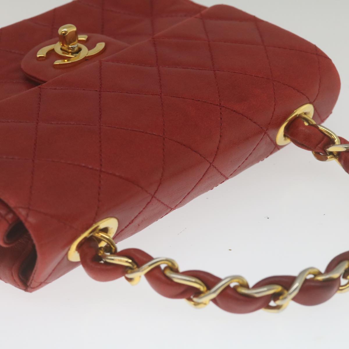 CHANEL Mini Matelasse Chain Flap Hand Bag Lamb Skin  Red Gold CC Auth hs688A