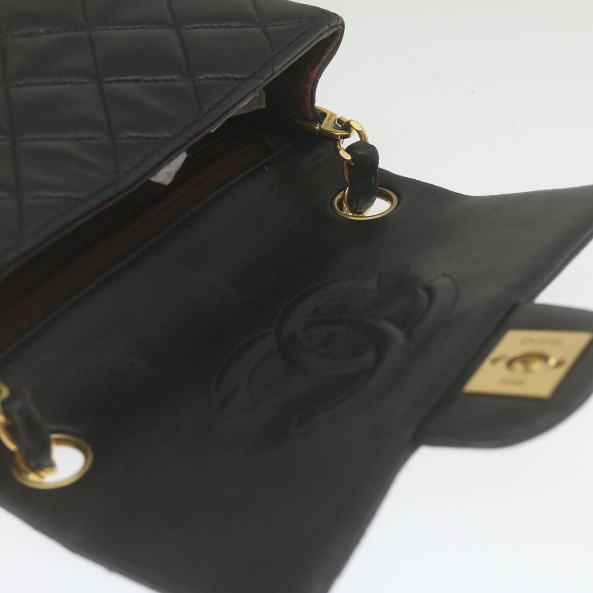CHANEL Mini Matelasse Chain Flap Shoulder Bag Lamb Skin Black Gold Auth hs689A