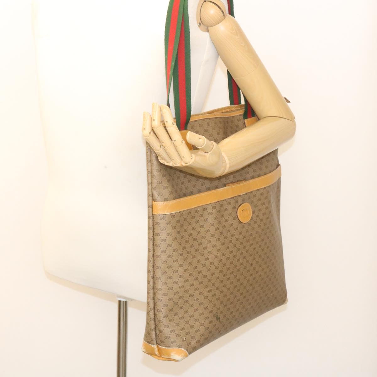GUCCI Web Sherry Line Micro GG Canvas Tote Bag Beige Red Green Auth im299