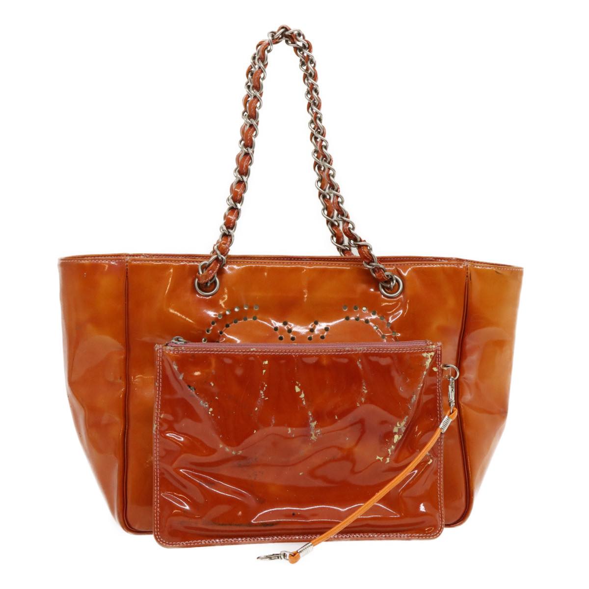 CHANEL Triple Coco Punching Tote Bag Enamel Orange CC Auth jk1312