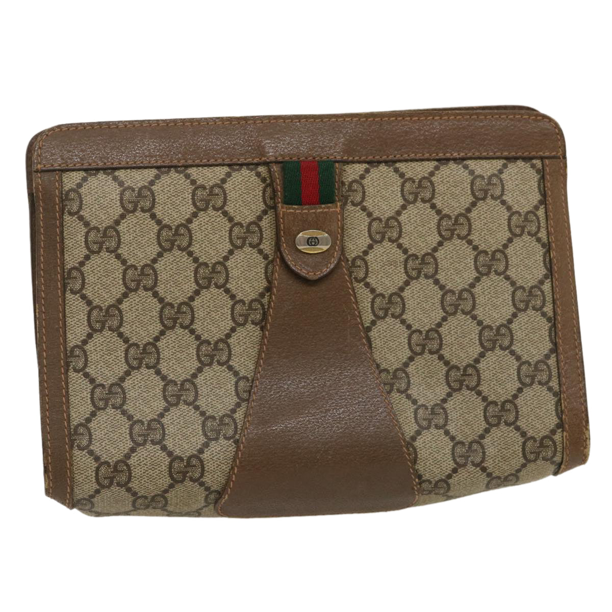 GUCCI GG Canvas Web Sherry Line Clutch Bag Beige Red Green Auth ai603