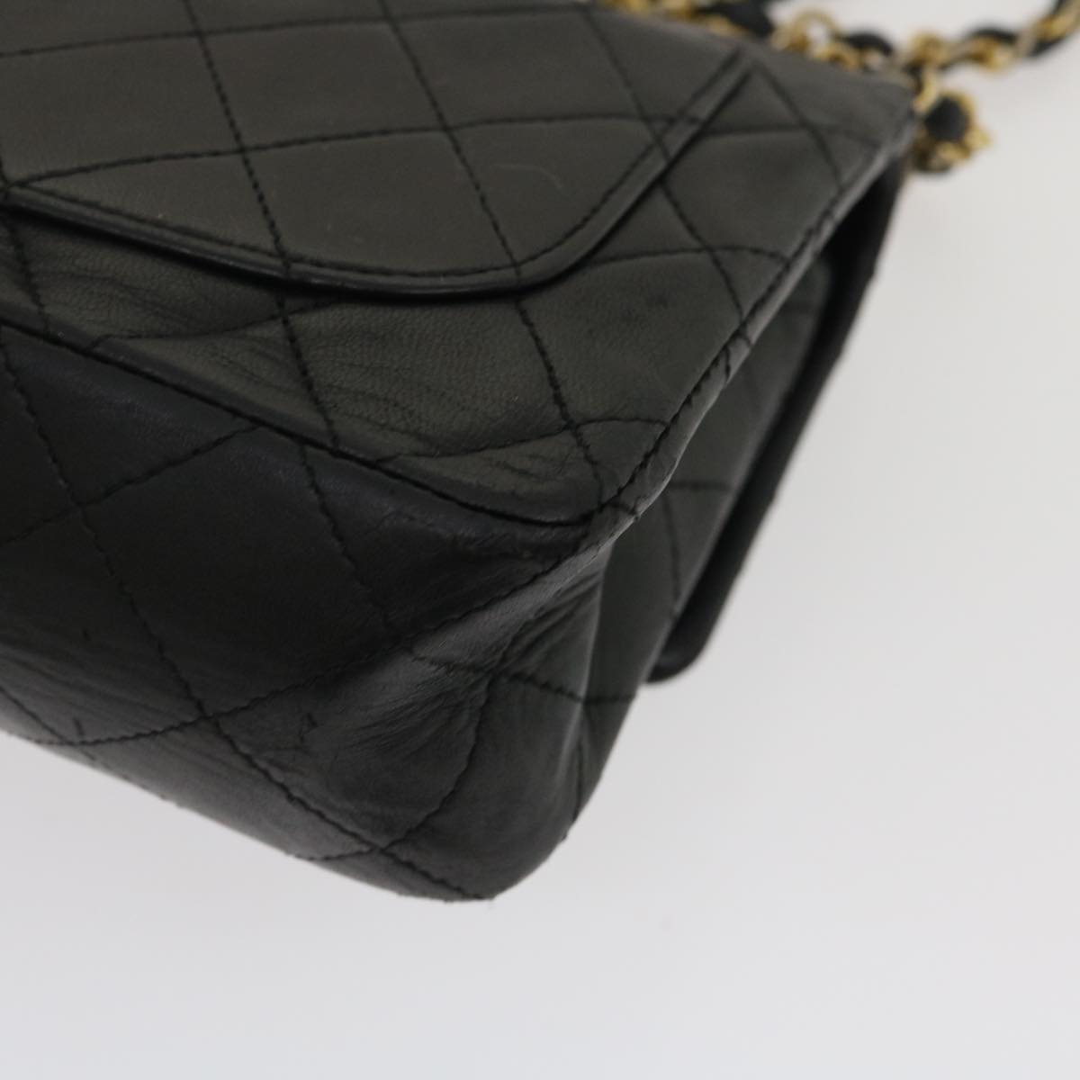 CHANEL Mini Matelasse Chain Flap Shoulder Bag Lamb Skin Black Gold Auth jk1388A