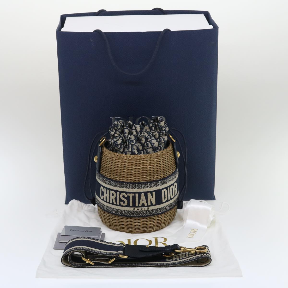 Christian Dior Basket Bag Trotter Canvas Shoulder Bag Rattan Blue Auth jk1683A
